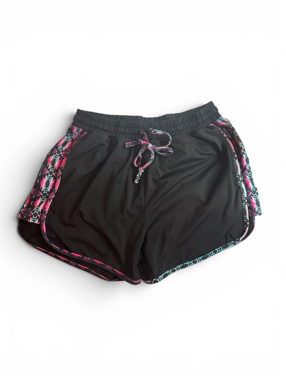 Crazy Train Black Athletic Shorts with Pink & Teal Aztec Trim